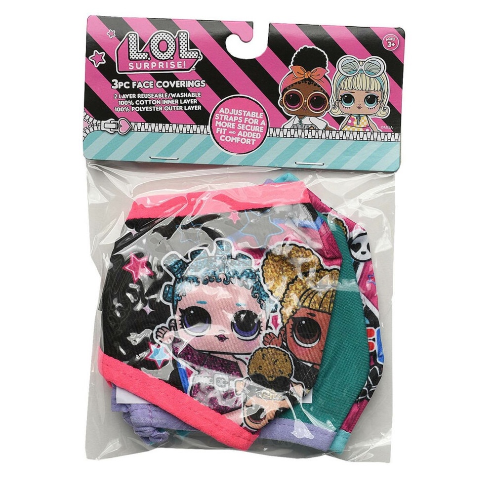 Girls LOL Surprise 3 Pack Reusable Face Masks BFF4Eva Queen Bee Miss Punk Teal